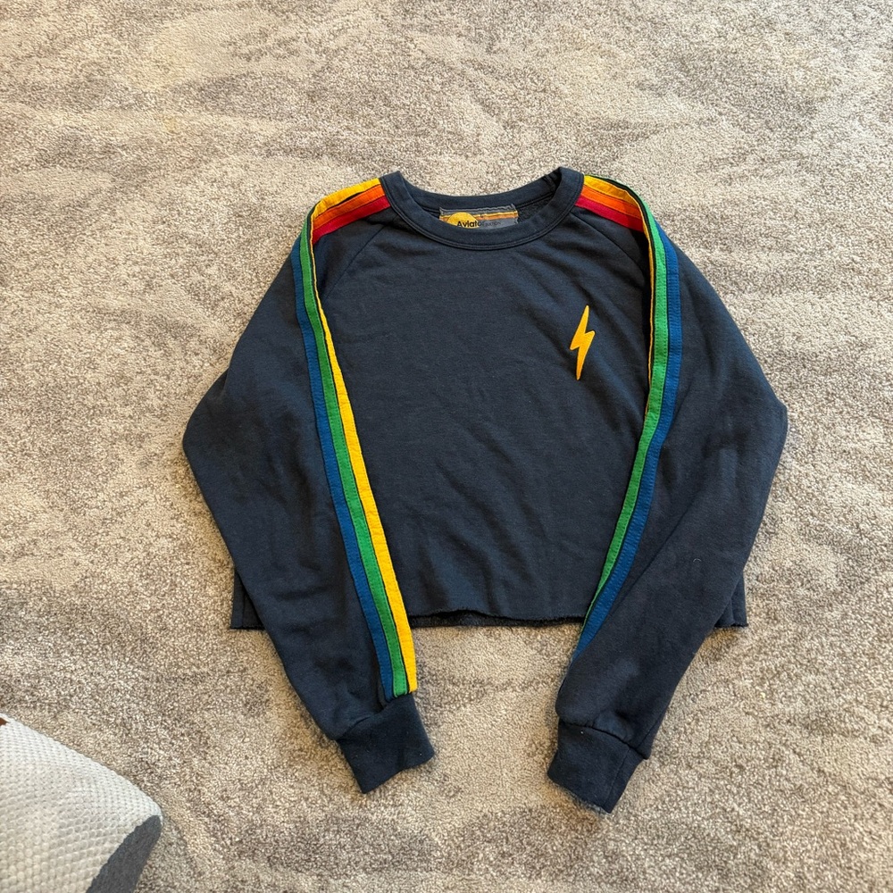AVIATOR NATION EMBROIDERY CROPPED CREW SWEATSHIRT - HEATHER NAVY Size Large